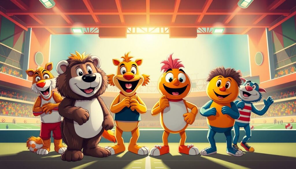 A vibrant and whimsical illustration of iconic sports mascots from the 1980s and 1990s. In the foreground, a team of playful and expressive animal characters, each with a distinct personality - a furry dog, a cheerful orange, and other quirky creatures. They are captured in dynamic poses, interacting with one another against a backdrop of retro-inspired stadium settings, complete with geometric patterns and bold color palettes that evoke the nostalgic charm of the era. The lighting is warm and inviting, casting a soft glow that enhances the lively and lighthearted atmosphere. The image celebrates the enduring appeal and cultural significance of these beloved sports icons, capturing the spirit of an era when mascots captivated audiences and became integral parts of the fan experience.