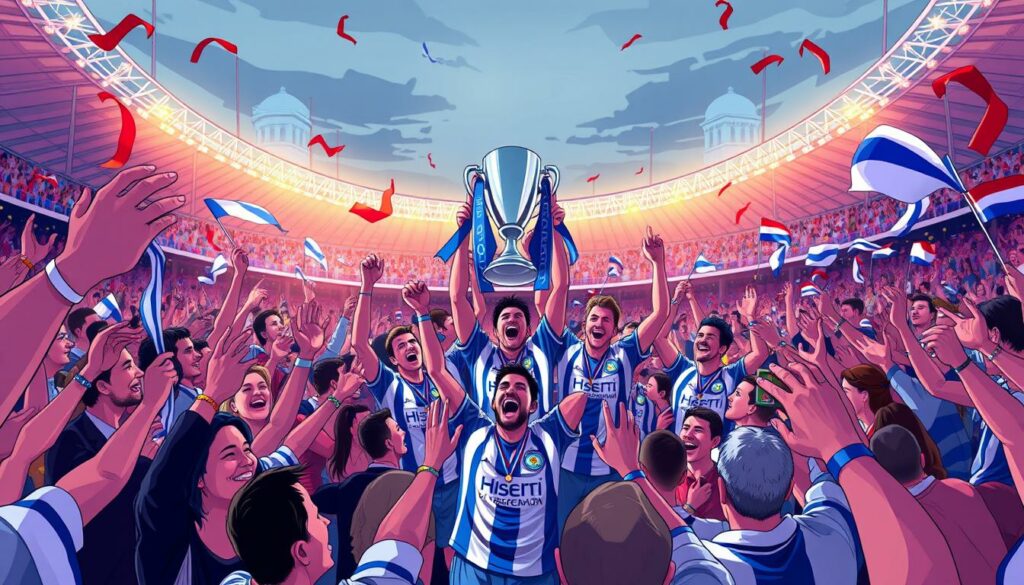 A vibrant celebration of HSV's historic Europapokal Landesmeister triumph, captured in a dynamic wide-angle shot. In the foreground, fans erupt in joyous revelry, waving flags and scarves as they dance and cheer. The middle ground showcases the players, adorned in their championship kits, hoisting the trophy aloft amidst a sea of jubilant supporters. In the background, the iconic Olympiastadion in Athens serves as a majestic backdrop, its floodlights casting a warm, golden glow over the euphoric scene. The image conveys the electric atmosphere and sense of achievement as HSV's greatest triumph is commemorated.