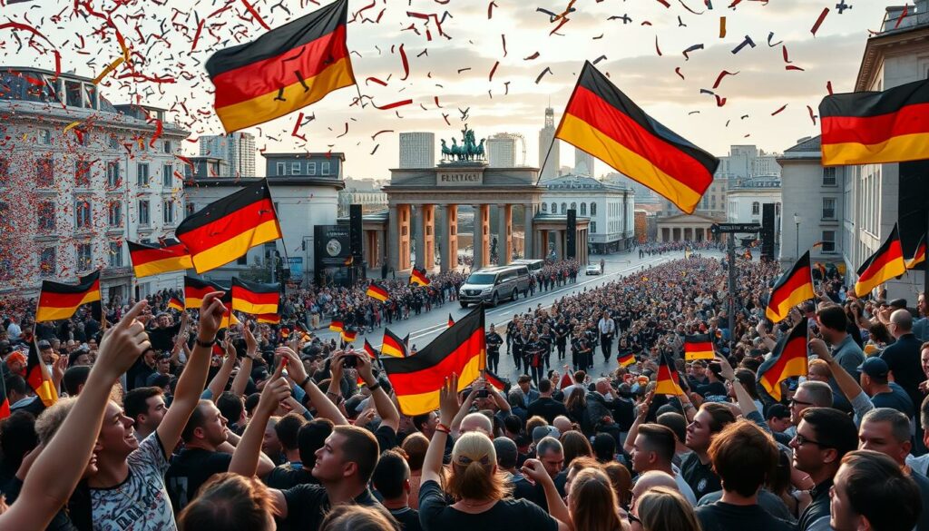 A vibrant, celebratory scene unfolds in the heart of Berlin. In the foreground, a triumphant crowd of revelers waves German flags and cheers ecstatically, their faces alight with joy. Confetti rains down from above, casting a festive glow over the throng. In the middle ground, a grand parade winds its way through the city streets, led by a procession of athletes, coaches, and officials, all basking in the adulation of the adoring masses. The backdrop is the iconic skyline of Berlin, its landmarks illuminated by the warm glow of the afternoon sun, creating a sense of national pride and unity. The atmosphere is electric, capturing the unbridled euphoria of a country celebrating its triumph on the global stage.