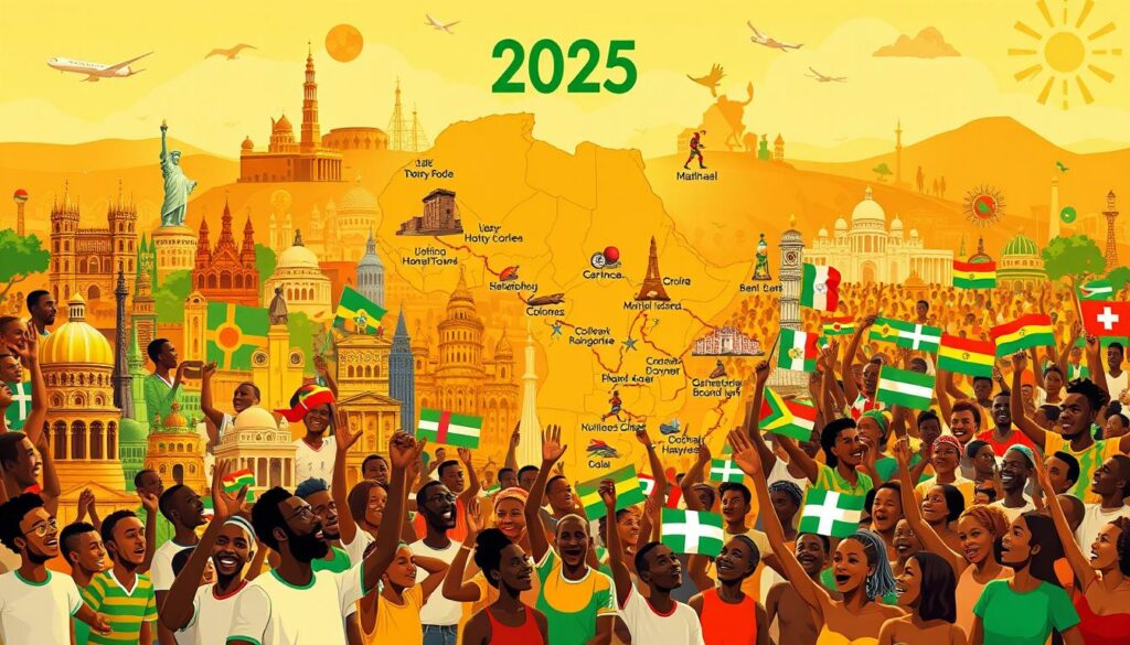 A vibrant collage showcasing the diverse host cities of the 2025 Africa Cup of Nations. In the foreground, detailed illustrations of iconic landmarks and architectures from each participating country, rendered in a bold, graphic style. The middle ground features a map of the African continent, with host cities marked by colorful icons. In the background, a lively crowd of football fans cheering and waving their national flags, creating an energetic and celebratory atmosphere. Warm, golden lighting illuminates the scene, evoking the sun-drenched landscapes of the African continent. The overall composition conveys the spirit of unity, cultural exchange, and the shared passion for the beautiful game that define the Africa Cup of Nations.