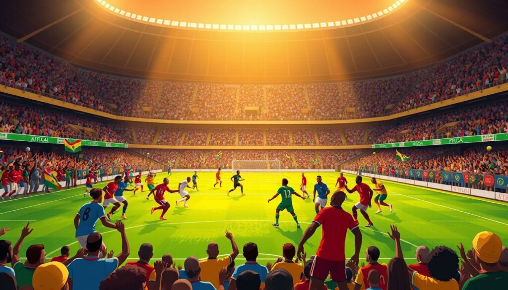 A vibrant, dynamic scene of the Afrika-Cup group stage unfolding on the lush, verdant pitch. In the foreground, a cluster of players from various national teams locked in a tense, high-intensity match, their jerseys a kaleidoscope of colors representing the rich diversity of African football. The middle ground captures the energy of the crowd, a sea of passionate fans waving flags and banners, their faces alight with the thrill of the competition. In the background, the iconic stadium architecture frames the action, creating a sense of grandeur and spectacle befitting this prestigious continental tournament. The lighting is warm and golden, casting a glow over the entire scene and evoking the sun-drenched atmosphere of the African continent. The camera angle is slightly elevated, allowing the viewer to take in the full scope of the unfolding drama on the pitch below.