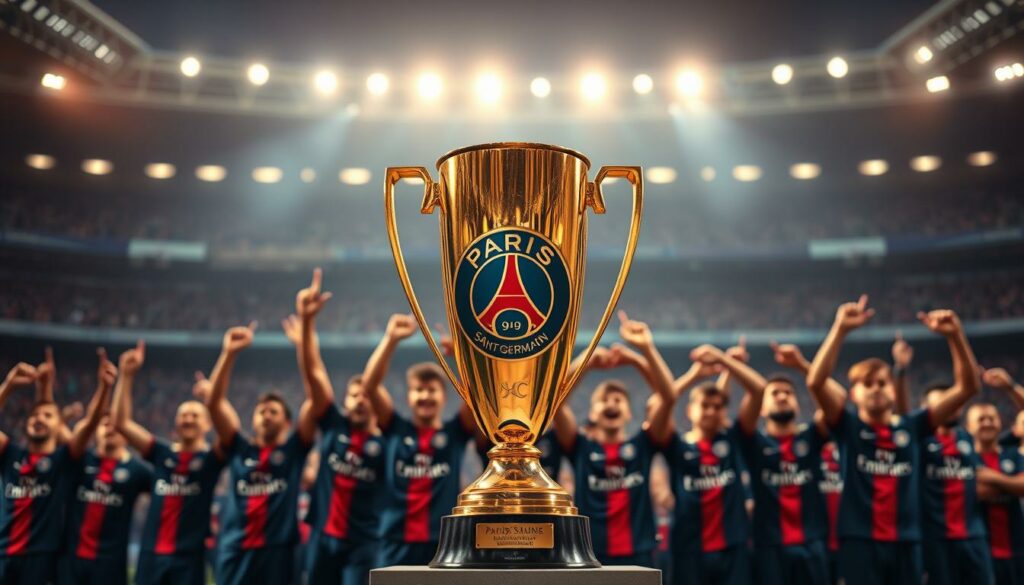 A vibrant, trophy-filled scene of the Paris Saint-Germain football club's titles and achievements. In the foreground, a gleaming golden trophy with the club's iconic crest stands tall, casting a warm, celebratory glow. In the middle ground, the players, clad in their distinctive blue and red uniforms, raise their arms in triumph, their faces filled with pride and joy. The background is a blurred, atmospheric representation of the Parc des Princes stadium, the club's home ground, with its distinctive architecture and the faint outline of the adoring crowd. The lighting is dramatic, with spotlights highlighting the trophy and the players, creating a sense of energy and excitement. The overall composition conveys the magnitude of Paris Saint-Germain's success and the team's unwavering commitment to their pursuit of greatness.