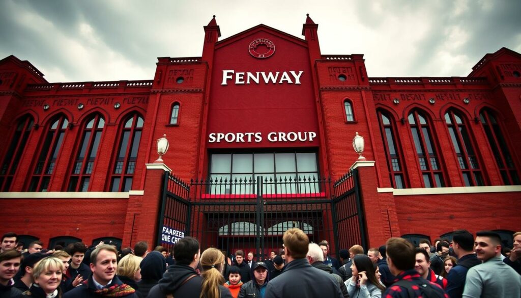 An elegant, neo-gothic stadium with a distinct red-brick façade stands proudly against a cloudy, overcast sky. The iconic Fenway Sports Group logo, emblazoned in bold white lettering, adorns the towering entrance, signaling a new era for the historic football club. In the foreground, a group of fans, their faces filled with a mix of anticipation and trepidation, gather around the gates, eager to witness the next chapter unfold. The scene is bathed in a warm, golden light, casting a sense of hope and excitement for the future. The image conveys the gravity of the Fenway Sports Group's acquisition, a pivotal moment in the club's storied legacy.