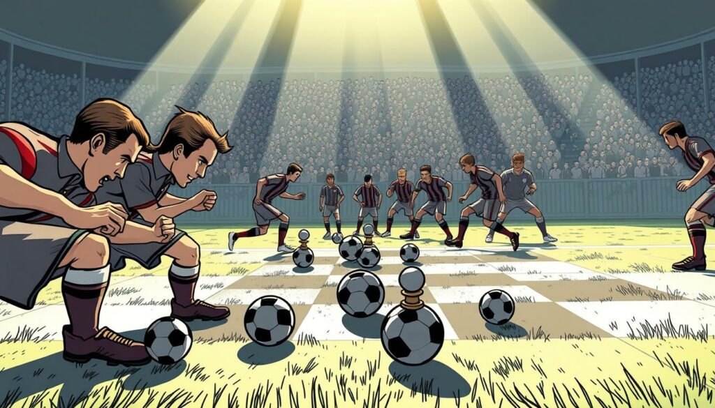 An epic football strategy scene, capturing the essence of "Strategien gegen Low Block". In the foreground, a group of skilled attackers, their faces intense with focus, meticulously plotting their next move. Midfield is a chess-like tableau, with players maneuvering with precision, each step carefully considered. In the background, the low block defense stands firm, a wall of bodies ready to pounce. Dramatic lighting casts long shadows, heightening the tactical tension. The scene is captured from a dynamic, low-angle perspective, emphasizing the players' physicality and the high stakes of the moment. An atmosphere of strategic mastery and determined urgency pervades the image, perfectly encapsulating the challenges of overcoming a well-organized low block defense.
