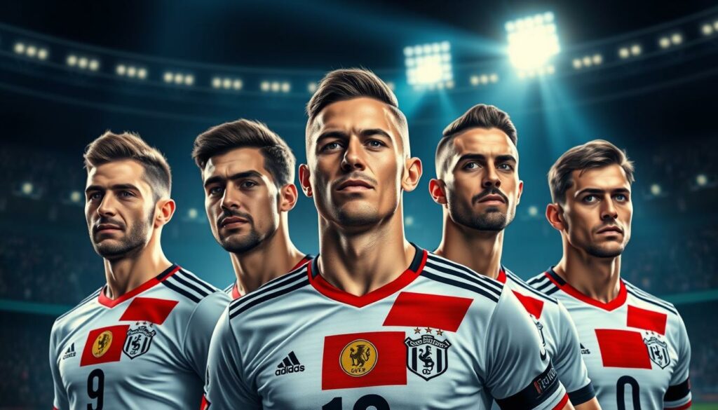 Bundesliga Stars EM 2024: A captivating portrait of Germany's footballing elite shining on the international stage. Set against a grand, cinematic backdrop, the image showcases a dynamic group of world-class players from the Bundesliga, their faces illuminated by the spotlight of the European Championship. Detailed facial expressions, meticulously rendered uniforms, and a sense of motion and energy create a compelling visual narrative that captures the essence of German pride and international class. The composition draws the viewer's gaze towards the central figures, while subtle environmental cues suggest the prestige and intensity of the tournament setting. Masterfully blended lighting and angles lend depth and drama to the scene, elevating it beyond a mere sports illustration and into a work of artistic grandeur.