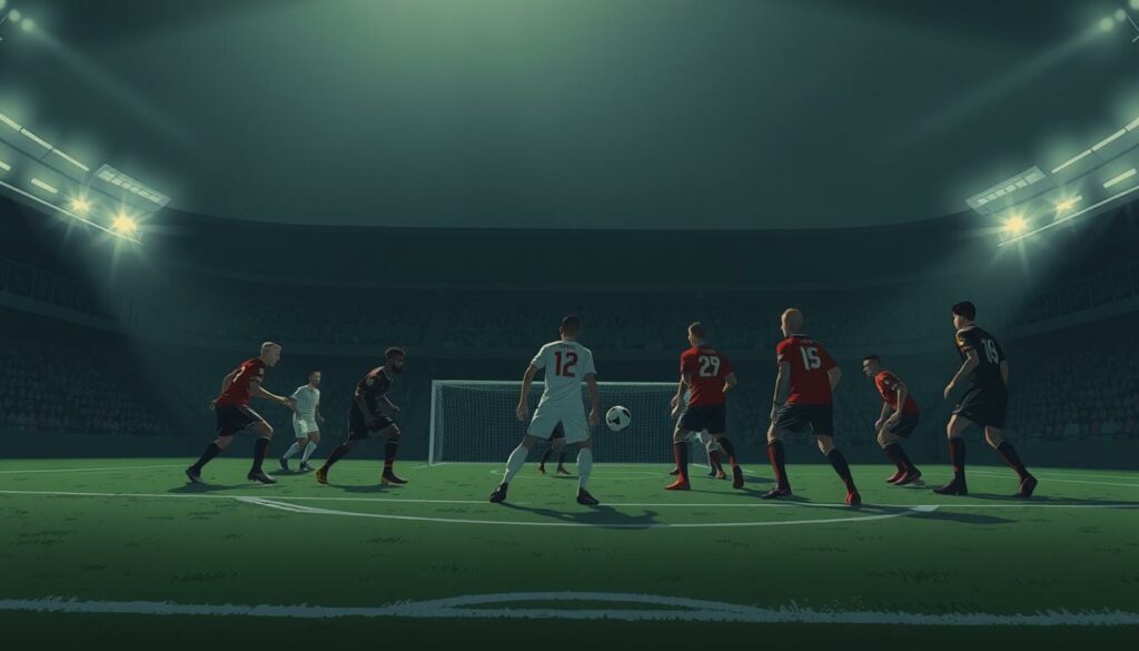 Defensive Stabilität: A fortified low block formation, with players positioned strategically to shield the goal. Midfielders and defenders in a tight, cohesive unit, alert and ready to swiftly transition to counterattack. Dimly lit stadium, shadows and highlights accentuating the players' athletic forms. Camera angle low, capturing the defensive solidity and anticipation of the team. Muted color palette, emphasizing the disciplined and grounded nature of the low block tactic. Subtle, cinematic lighting creates an atmosphere of tension and potential explosive energy, ready to be unleashed.