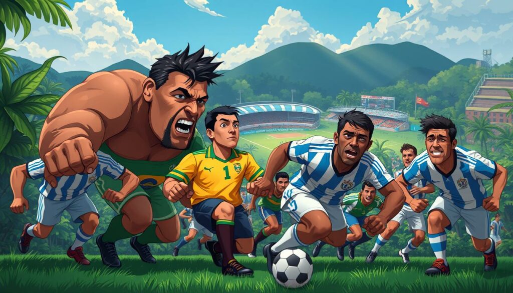 Legendary Soccer Teams of South America, a vibrant and energetic scene. In the foreground, larger-than-life figures of iconic players from Brazil, Argentina, and Uruguay, locked in fierce competition, their expressions etched with determination. Behind them, the rich, lush foliage of a tropical landscape, hinting at the diverse cultures and landscapes of the region. Dramatic lighting casts long shadows, adding depth and drama to the composition. In the distance, the iconic stadiums and arenas that have hosted the triumphs and heartbreaks of these legendary teams, their history woven into the fabric of South American identity. An aura of passion, pride, and the relentless pursuit of glory permeates the scene, capturing the essence of the Copa Libertadores, the pinnacle of South American soccer.
