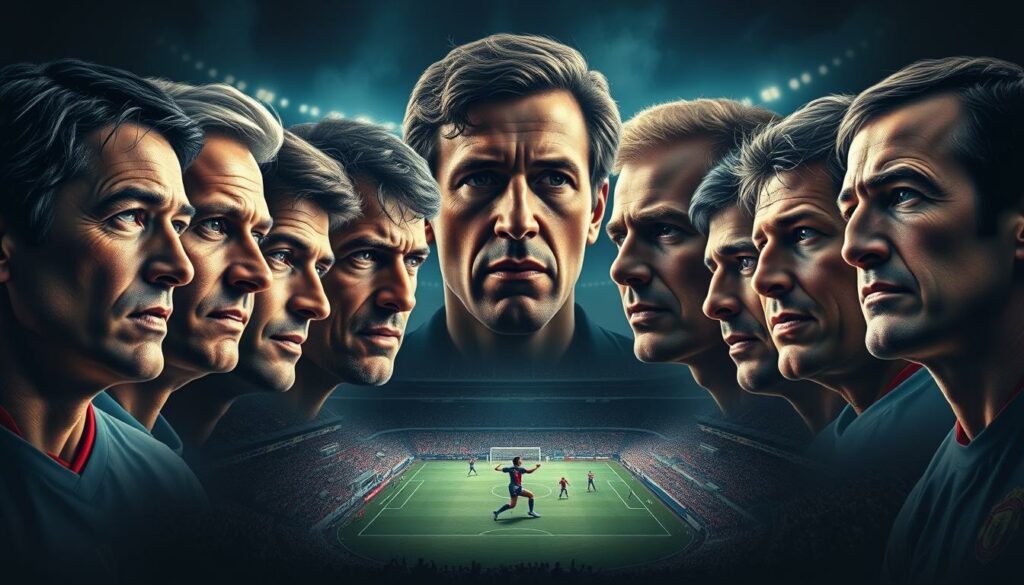 Legenden der Europameisterschaft: A stunning group portrait of the iconic European Championship goal-scoring legends, captured in a dramatic and cinematic style. Featuring larger-than-life depictions of the all-time top scorers, their facial expressions exude a sense of determination and pride. The middle ground showcases their most memorable goal-scoring moments, frozen in time with vivid detail. The background evokes the grand stadiums and passionate crowds that have witnessed their triumphs, creating an atmosphere of reverence and awe. Lit by dramatic chiaroscuro lighting, this image celebrates the enduring legacy of these record-breaking football heroes.