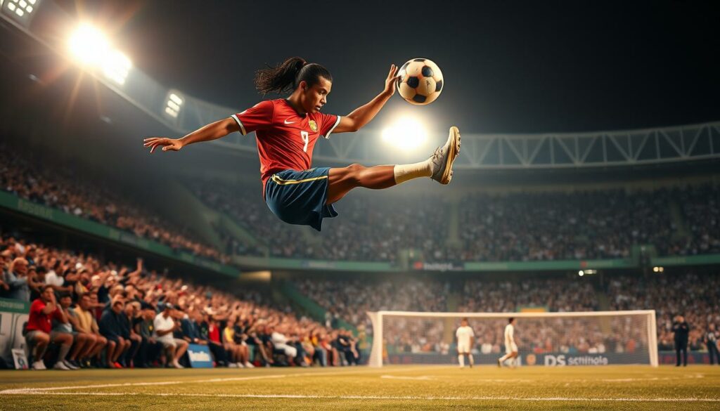 Ronaldinho, the Brazilian maestro, performing a series of breathtaking, gravity-defying soccer tricks on a floodlit field. The camera captures his graceful movements, the ball seemingly an extension of his body as he dribbles, flicks, and unleashes thunderous shots that ripple the net. Spectators watch in awe, their faces lit by the stadium's warm glow, expressions of pure joy and wonder. The scene exudes an electric, celebratory atmosphere, showcasing the artistry and showmanship that made Ronaldinho a global icon and inspiration to millions of football fans worldwide.