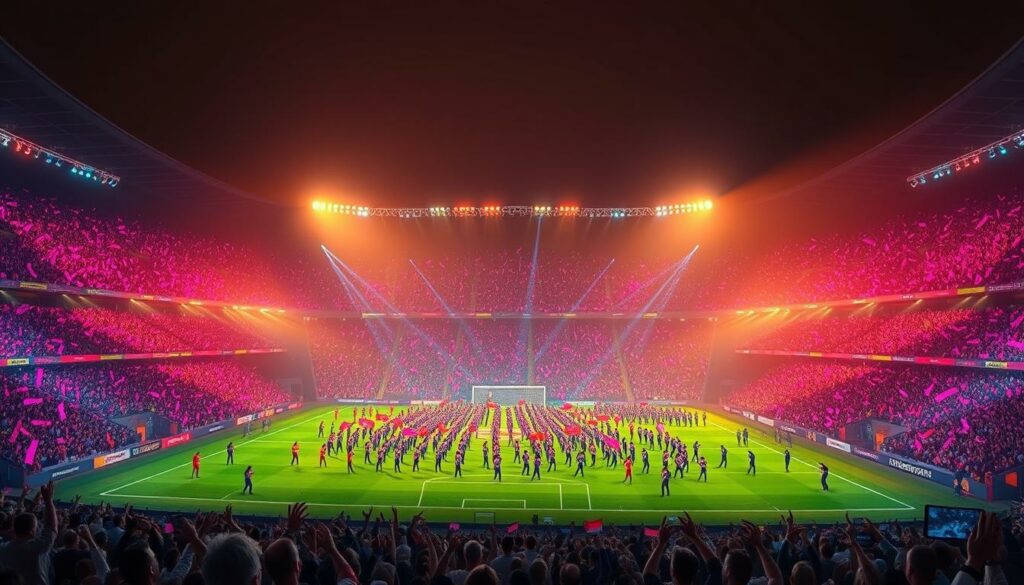 A sprawling, colorful choreography unfolds against the backdrop of a dark, atmospheric stadium. In the foreground, a mesmerizing display of lights and movement takes center stage, with supporters waving vibrant banners and flags in a harmonious dance. The midground captures the sheer scale and drama of the performance, with cascading waves of color and energy pulsing through the stands. In the background, the looming presence of the stadium's architecture frames the scene, casting dramatic shadows and lending an air of grandeur to the artistic spectacle. Warm, cinematic lighting bathes the entire composition, evoking a sense of cinematic wonder and the powerful intersection of sport, art, and community.