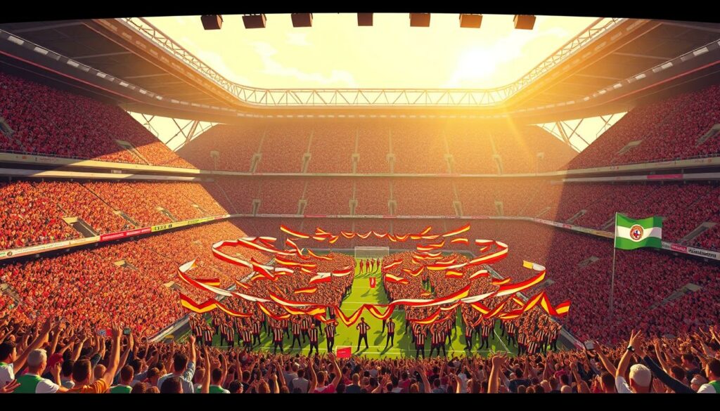 A vibrant and dynamic crowd of dedicated football fans filling the stands, waving colorful banners and flags in a striking display of devotion and unity. The stadium is bathed in a warm, golden light, casting a sense of energy and excitement. In the foreground, a choreographed formation of supporters moves in synchronized motions, creating mesmerizing patterns and shapes that seem to flow and pulse with the rhythm of the match. The middle ground features a mix of close-up and wide shots, capturing the intensity and passion of the crowd, their faces alight with fervor. In the background, the iconic architecture of the stadium frames the scene, adding a sense of grandeur and history to the powerful spectacle. This image conveys the spirit, passion, and spectacle of the most remarkable HSV fan choreographies over the decades.