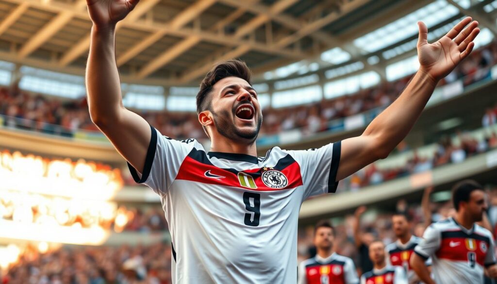 Fan in Deutschland Trikot beim Jubeln im Stadion