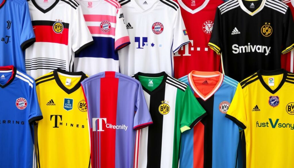 Verschiedene beliebte Fussball Trikots nebeneinander