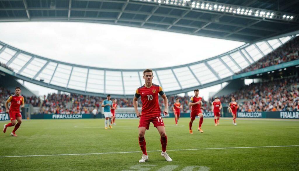 A FIFA Club World Cup match is played on a lush, verdant pitch under a crisp, overcast sky. The players, clad in their vibrant team jerseys, engage in a tactical dance, their movements precise and measured. In the center, a young midfielder, Jobe Bellingham, makes his debut, his face displaying a stoic determination as he scans the field, orchestrating the flow of the game with subtle passes and intelligent positioning. The crowd, seated in the modern, angular stadium, watches intently, their anticipation palpable. The lighting is natural, casting a soft, diffused glow over the scene, emphasizing the seriousness of the occasion and the athlete's focus.