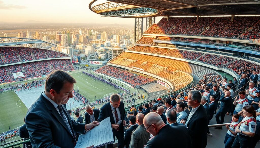 A bustling FIFA Club World Cup stadium, with officials and organizers navigating complex logistical challenges. In the foreground, a group of executives in formal attire pore over detailed event plans, their expressions conveying the weight of their responsibilities. In the middle ground, stadium staff hurry about, coordinating crowd control and security measures under the watchful eye of uniformed personnel. The background reveals the grand scale of the event, with sweeping aerial shots of the towering stadium structure and the surrounding metropolitan landscape bathed in a warm, golden-hour glow. The overall atmosphere conveys the high-stakes nature of this prestigious international tournament and the organizational prowess required to deliver a seamless experience.