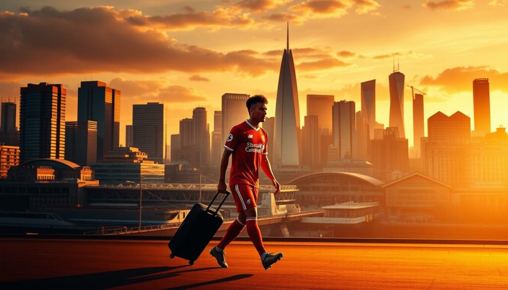 A bustling city skyline, with Liverpool's iconic landmarks casting long shadows as the sun sets. In the foreground, a player in a red jersey strides purposefully, carrying a suitcase - the embodiment of the transfer process from Leverkusen to Liverpool. The scene is imbued with a sense of anticipation and determination, the player's silhouette highlighted by warm, golden light. The background is a mix of modern high-rises and historic buildings, reflecting the blend of old and new that defines the city. The image conveys the excitement and uncertainty of a professional footballer's journey to a new club, set against the vibrant backdrop of their new home.