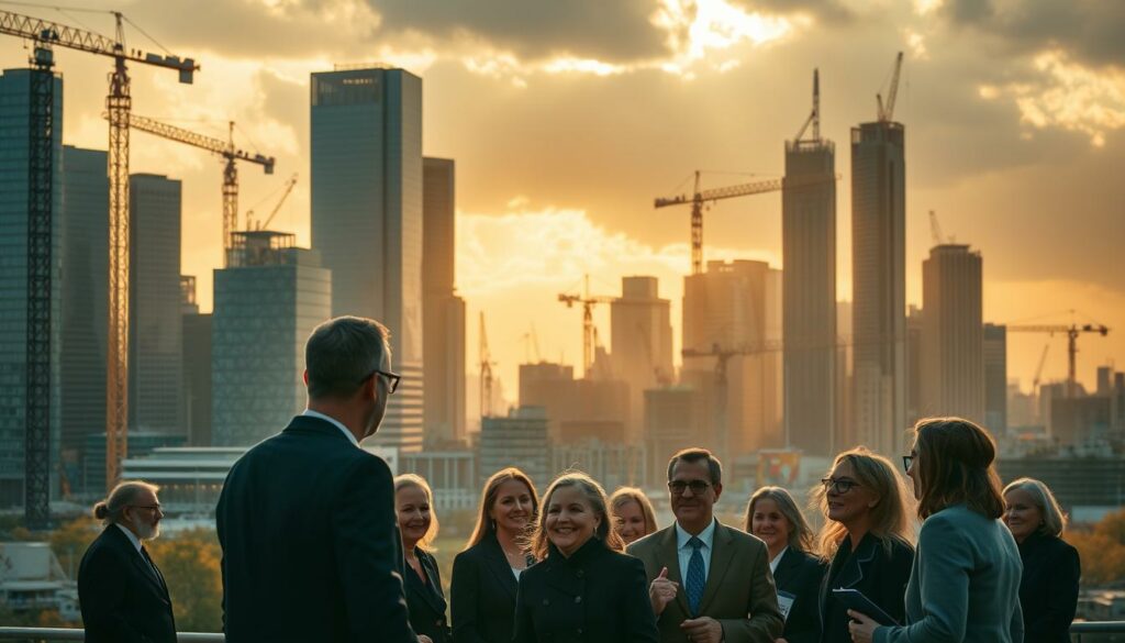 A bustling cityscape with cranes and construction sites, capturing the energy and economic growth fueled by Hamburg's Olympic bid. In the foreground, a group of business leaders and civic officials engaged in a lively discussion, their expressions conveying a sense of optimism and determination. Towering skyscrapers and modern architectural landmarks rise in the background, casting long shadows across the scene. The lighting is a blend of warm, golden tones and cooler, overcast hues, creating a dynamic and vibrant atmosphere. The overall composition suggests a city on the cusp of a major transformation, with the Olympic Games serving as a catalyst for economic revitalization and urban renewal.