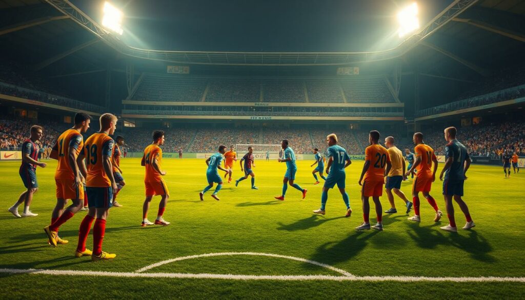 A bustling football pitch, lush green grass and crisp white lines. In the foreground, a cluster of players in vivid kits, engaged in intense tactical discussions, hands gesturing as they map out their transfer strategies. The midfield is a blur of motion, players in mid-dribble, their faces determined as they weigh their options. In the background, the towering stadium looms, its modern architecture casting dramatic shadows across the scene. Floodlights bathe the field in a warm, cinematic glow, heightening the sense of drama and anticipation. The overall atmosphere is one of strategic planning, as the team maps out their path to success in the upcoming transfer window.