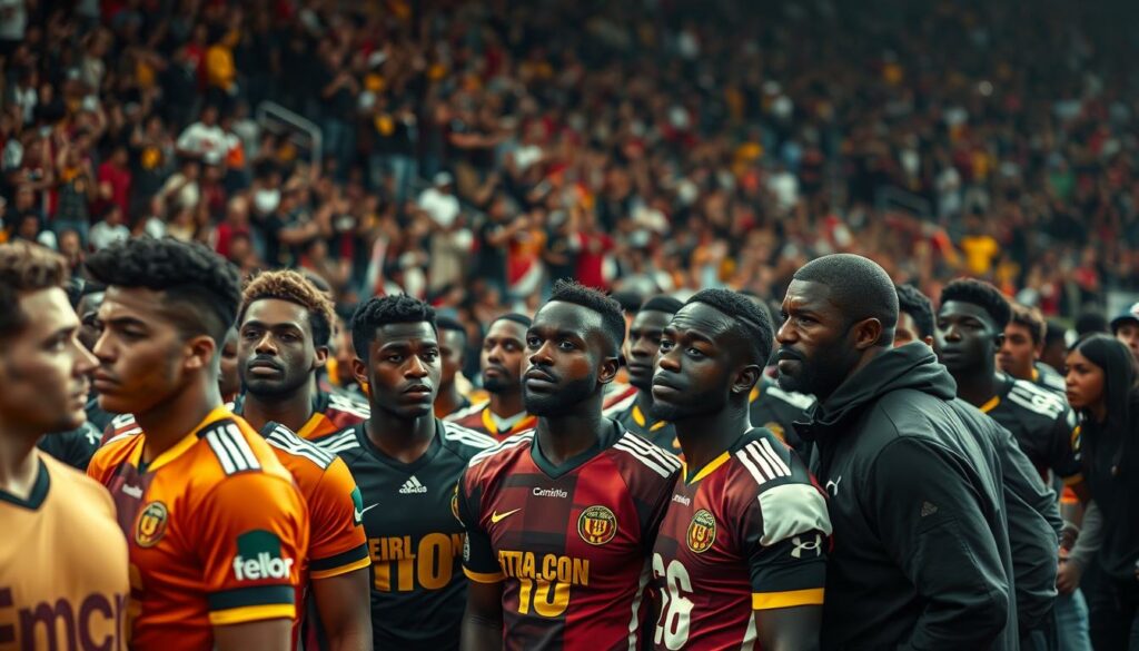 A bustling football stadium, the crowd's energy palpable as they react to a reported incident of racism. In the foreground, players of diverse backgrounds stand united, their expressions reflecting a range of emotions - from outrage and solidarity to a determination to address the issue. In the middle ground, coaches and officials confer, their body language conveying a sense of concern and a commitment to take action. The background is a blur of spectators, some raising their voices in protest, others observing with a somber, reflective gaze. The scene is captured with a cinematic, wide-angle lens, bathed in a warm, dramatic lighting that heightens the intensity of the moment.