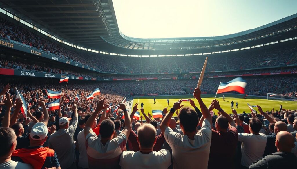 A bustling soccer stadium, packed with enthusiastic fans cheering and waving flags. The camera angle captures the energy and excitement of the crowd, with a wide, sweeping view that highlights the diverse range of supporters. Dramatic lighting casts long shadows, creating a sense of drama and anticipation. In the foreground, a group of dedicated fans holds up banners and chants in support of their team. In the middle ground, the players can be seen on the pitch, their movements blurred as they compete with passion. The background features the towering stands, filled with a sea of color and sound, reflecting the collective spirit of the fanbase. The overall atmosphere conveys the powerful role that fans and the public play in the world of professional sports.