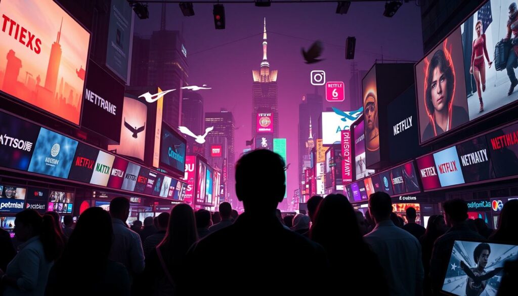 A bustling streaming market, illuminated by a warm glow of digital displays. In the foreground, a diverse array of streaming service logos float weightlessly, their vibrant colors and fluid shapes hinting at the dynamic content they offer. The middle ground is populated by shadowy silhouettes of viewers, their faces transfixed by the ever-changing screens, immersed in a world of entertainment. In the background, a cityscape of towering skyscrapers and neon-lit billboards forms a futuristic backdrop, symbolizing the interconnected, technology-driven nature of the modern television and streaming landscape. The scene is bathed in a soft, cinematic lighting, creating a sense of depth and atmosphere that captures the essence of the evolving TV and streaming market.