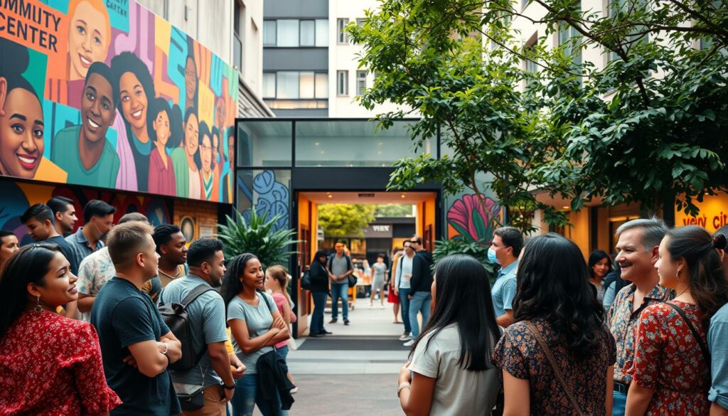 A bustling urban community center, its facade adorned with vibrant murals celebrating diversity and inclusion. In the foreground, a group of people from various backgrounds engage in lively conversation, their expressions radiating a sense of belonging and shared purpose. The middle ground features an open, accessible entryway, inviting all to enter and participate. The background showcases a harmonious blend of modern architecture and lush greenery, creating a welcoming and inclusive environment. Warm, diffused lighting sets a tone of unity and togetherness, while a slight cinematic lens effect adds a sense of depth and authenticity. This image aims to embody the spirit of "Gemeinschaft und Inklusion," capturing the essence of a vibrant, inclusive community hub.