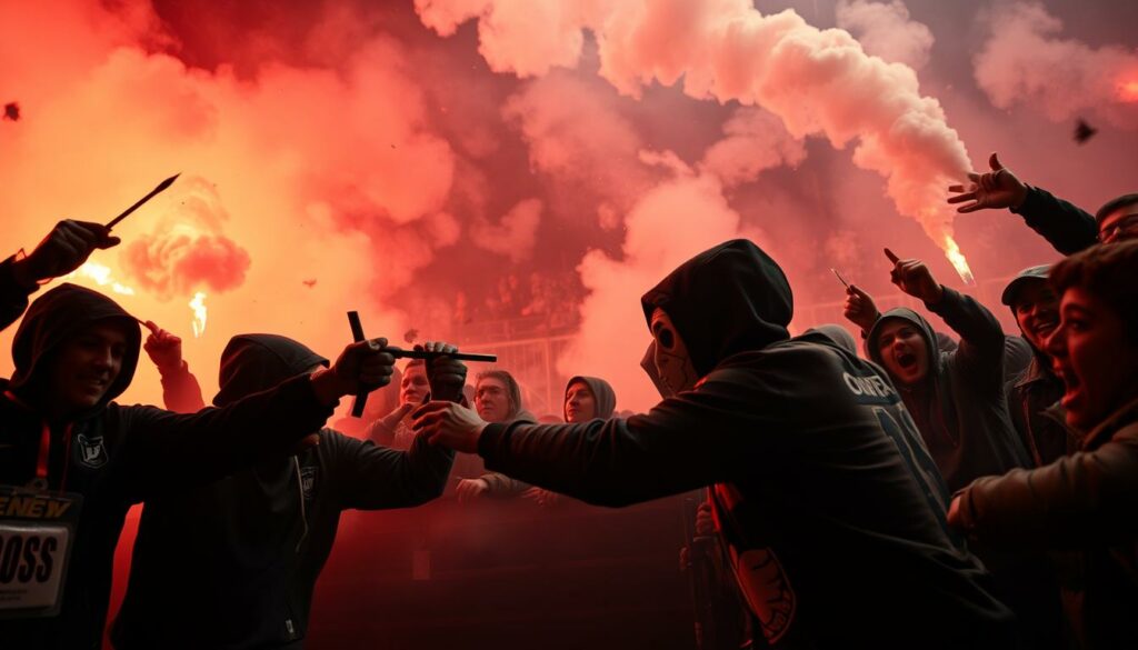 A chaotic, turbulent scene of ultra-fan conflict in the Bundesliga. In the foreground, a group of hooded, masked figures engage in a violent confrontation, wielding makeshift weapons and hurling objects. Clouds of smoke and flares obscure the background, creating an ominous, charged atmosphere. In the middle ground, spectators watch with a mix of fear and amusement, their faces etched with concern. The lighting is harsh, casting dramatic shadows and highlights, emphasizing the intensity of the situation. The camera angle is low, lending a sense of immersion and urgency to the scene. The overall mood is one of raw, unrestrained passion, where the lines between sport, politics, and commerce have become blurred and combustible.