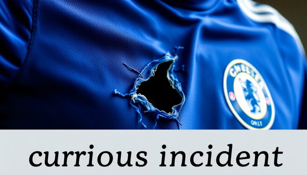 A close-up photograph of Olivier Giroud's Chelsea soccer jersey, featuring a visible tear or hole in the fabric. The jersey is worn and slightly disheveled, conveying a sense of disarray or an unexpected mishap. The lighting is natural, with soft shadows accentuating the texture of the jersey. The background is blurred, keeping the focus on the jersey as the key visual element. The image has a slightly muted color palette, evoking a sense of authenticity and realism. The overall mood is one of curiosity and a touch of humor, alluding to the "curious incident" mentioned in the section title.