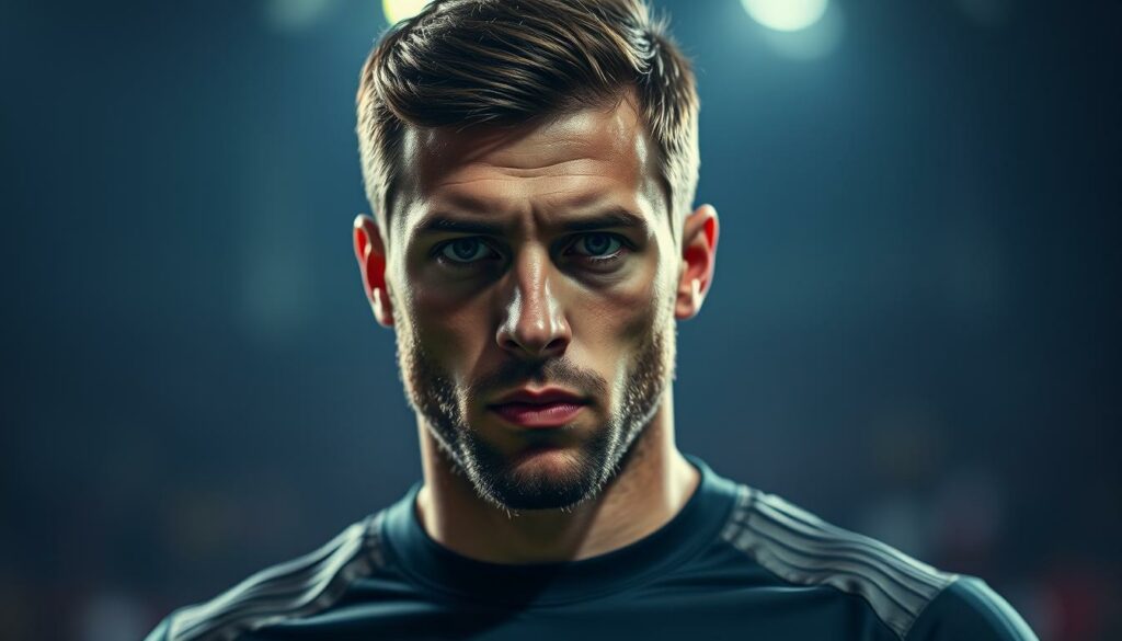 A close-up portrait of Daniel Heuer Fernandes, the current goalkeeper of Hamburger SV, standing on the pitch under dramatic lighting. His concentrated gaze is fixed forward, with a sense of determination and focus. The image has a cinematic quality, capturing the intensity and pressure of his role as a top-tier goalkeeper. The background is blurred, placing the emphasis on his face and upper body. The lighting accentuates the contours of his face, creating striking shadows and highlights that convey the seriousness of his current situation and the challenges he faces.