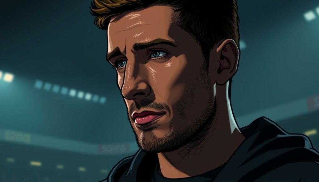 A close-up portrait of Davie Selke, a professional German footballer, standing in a dimly lit, moody environment. His facial expression is pensive, with a hint of melancholy, as if reflecting on his journey from being a promising young striker to potentially facing a departure from his current club. The lighting is dramatic, casting shadows that accentuate the contours of his face, giving the image a cinematic quality. The background is blurred, with subtle hints of the stadium or training ground, suggesting the context of his career. The overall atmosphere conveys a sense of uncertainty and the weight of the decision he may face, mirroring the section title's tone.