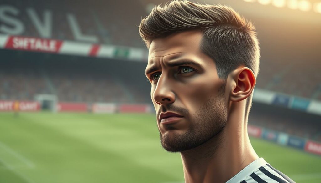 A close-up portrait of Davie Selke, the HSV (Hamburger SV) striker, set against a blurred background of a professional football stadium. Selke's face is captured in a thoughtful, pensive expression, hinting at the emotional decision he may be facing regarding his future. The lighting is soft and flattering, creating a warm, introspective mood. The image is shot with a shallow depth of field, focusing attention on Selke's face and upper body. The angle is slightly angled, creating a sense of intimacy and connection with the viewer. The overall tone is one of anticipation and introspection, reflecting the subject matter of the article's section on Selke's potential move to RB Leipzig or other clubs.