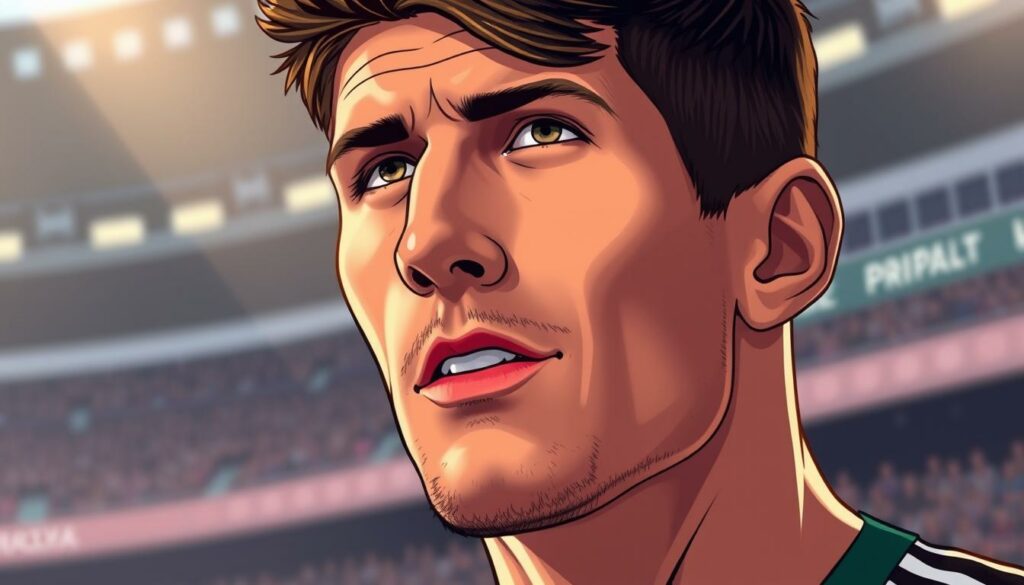 A close-up portrait of Davie Selke, the Hamburg SV striker, against a blurred stadium background. Selke is shown in a focused, intense expression, his gaze direct and determined. Soft, warm lighting illuminates his face, casting subtle shadows that accentuate his strong features. The image captures the energy and passion of Selke's successful season with the HSV, conveying a sense of the player's drive and commitment to the game.