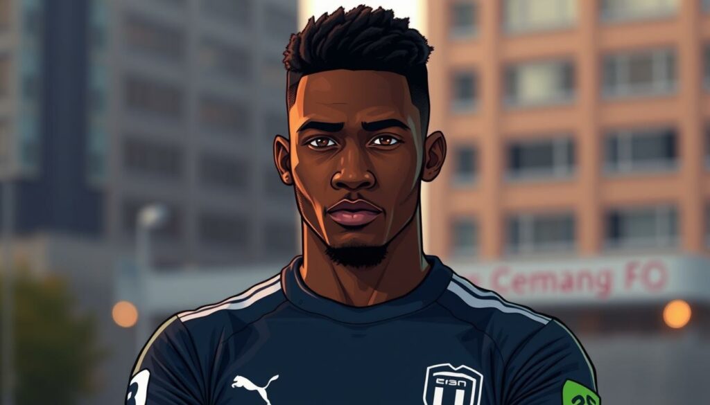 A close-up portrait of Jordan Torunarigha, a German professional footballer, against a blurred urban background. Torunarigha stands confidently, his expression serious but determined, wearing his soccer uniform with the number 25 visible. Soft, warm lighting illuminates his face, highlighting his athletic features and dark complexion. The image conveys a sense of professionalism and the high-stakes nature of a potential transfer negotiation, fitting the subject of the article section.