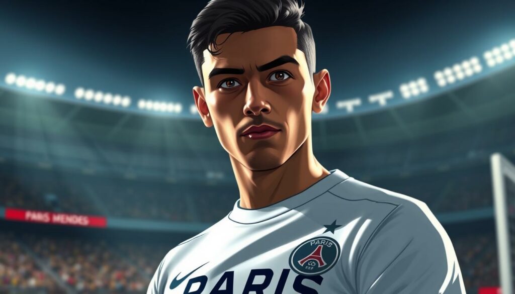 A close-up portrait of Nuno Mendes, the young Portuguese defender playing for Paris Saint-Germain. He stands confidently on the pitch, his eyes focused and determined. The lighting is dramatic, casting shadows that accentuate his chiseled features. The background is blurred, with the Parc des Princes stadium visible in the distance, hinting at the grand scale of the club. Mendes' PSG jersey is prominently displayed, the crisp white fabric and bold lettering conveying the prestige of the team. The overall atmosphere is one of power, ambition, and the promise of future success.