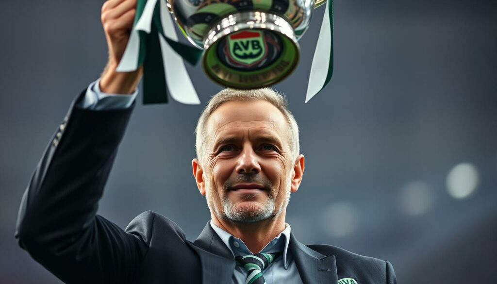 A close-up portrait of Paul Simonis, the newly appointed head coach of VfL Wolfsburg, captured in a triumphant pose as he celebrates a cup victory. Simonis is shown raising a gleaming trophy overhead, his expression exuding confidence and determination. The image is framed against a blurred, atmospheric background, with soft lighting creating a dramatic, cinematic effect. Simonis' attire is professional, suggesting his leadership role, and the trophy serves as a symbol of his past success and the potential for future achievements with his new team.