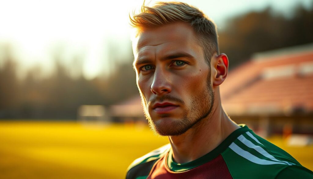 A close-up portrait of Sanne, the new striker for SV Wacker Burghausen, on a sun-dappled training pitch. He is standing tall, ball at his feet, with a determined expression, conveying his commitment to the team's success. The background is blurred, focusing attention on Sanne's powerful physique and intense gaze. Warm, golden lighting accentuates the player's chiseled features, creating a sense of determination and focus. The overall atmosphere is one of anticipation and excitement, hinting at the positive impact Sanne's arrival will have on the club's fortunes.