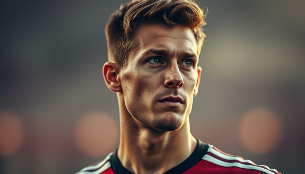 A close-up portrait of Sanne, the new striker for the Hamburg football club. Sanne stands in a thoughtful pose, his gaze directed off-camera with a pensive expression. Soft, warm lighting illuminates his face, highlighting his chiseled features and a determined yet enigmatic look. The background is blurred, placing the focus squarely on Sanne's face and upper body. The image conveys a sense of professionalism, ambition, and the promise of a new chapter in Sanne's burgeoning career.