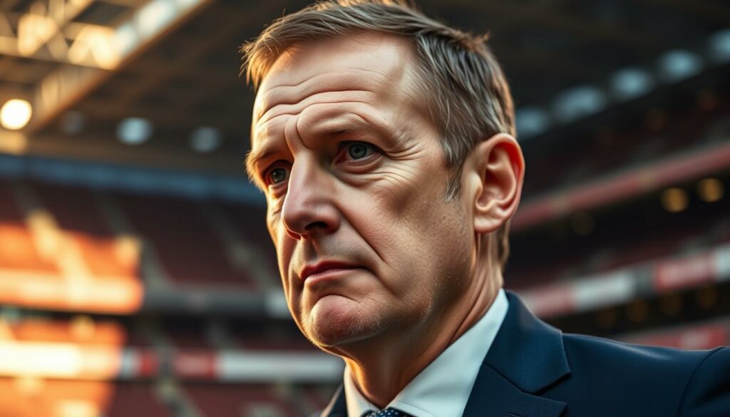 A close-up portrait of Stefan Kuntz, the Sportvorstand (sporting director) of Hamburger SV football club, set against a blurred background of the club's stadium. Kuntz is depicted in a thoughtful, focused expression, wearing a tailored navy suit. Warm, directional lighting illuminates the left side of his face, casting subtle shadows and highlighting his distinctive features. The image conveys a sense of leadership, experience, and the high-stakes nature of his role in guiding the storied club's fortunes. The overall mood is one of professional gravitas, befitting the importance of Kuntz's position within the organization.