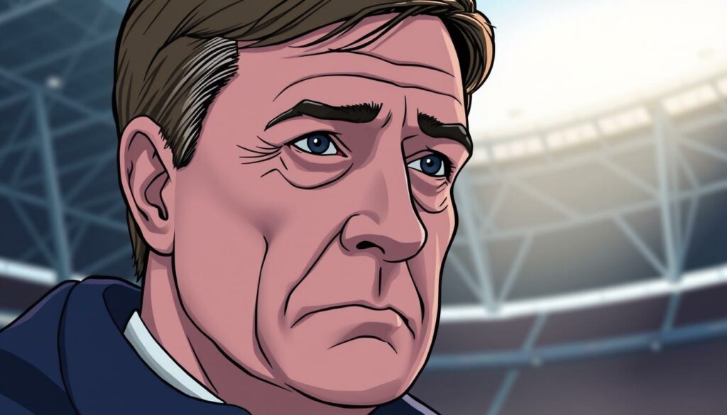 A close-up portrait of Stefan Kuntz, the manager of Hamburger SV, against a blurred background of the club's iconic Volksparkstadion. Kuntz's expression is pensive, his brow furrowed as he contemplates the challenges ahead. The lighting is soft and flattering, casting gentle shadows across his face. The camera angle is slightly upward, emphasizing his authority and leadership. The overall mood is one of thoughtfulness and determination, reflecting the significant "rebuilding work" he must undertake to restore the club to its former glory.
