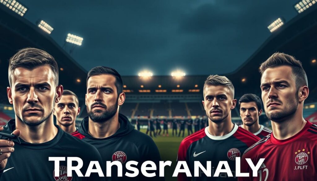 A close-up shot of the 1.FC Nürnberg football club's transfer activity, showcasing a collage of player portraits against a dimly lit stadium backdrop. The foreground features detailed headshots of new signings and departing players, each with a focused, determined expression. The middle ground blends action shots of the team in training, while the background subtly reveals the iconic Nürnberg stadium, its floodlights casting a warm, golden glow over the scene. The overall atmosphere conveys the anticipation and excitement surrounding the club's roster changes, reflecting the transitional nature of the "Transferanalyse" section.