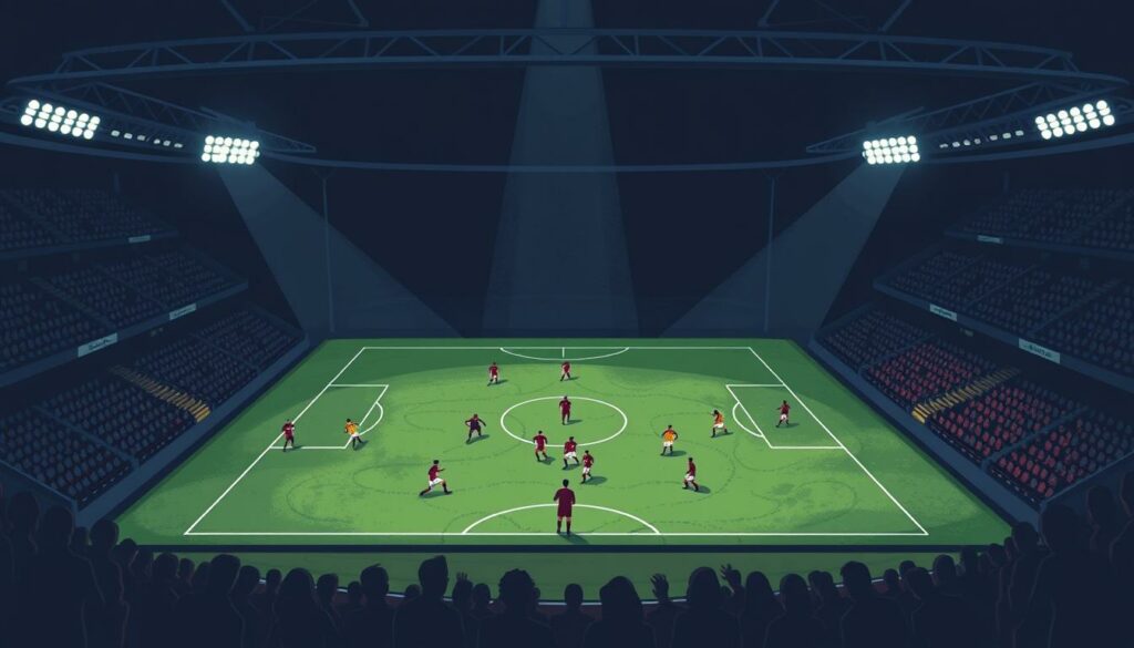 A complex tactical formation, the 3-5-2 displays its weaknesses in a dimly lit stadium. The central midfield appears congested, players struggling to create space and flow. Defensive gaps emerge, exposing the backline to counterattacks. The wing-backs, tasked with covering wide areas, seem overwhelmed, unable to provide reliable support to the attackers. Shadows cast by the floodlights accentuate the tactical challenges, creating a sense of claustrophobia and tactical uncertainty. The scene conveys the pressure and difficulty in executing this formation effectively, foreshadowing the obstacles and adaptations required for teams to maximize its potential.