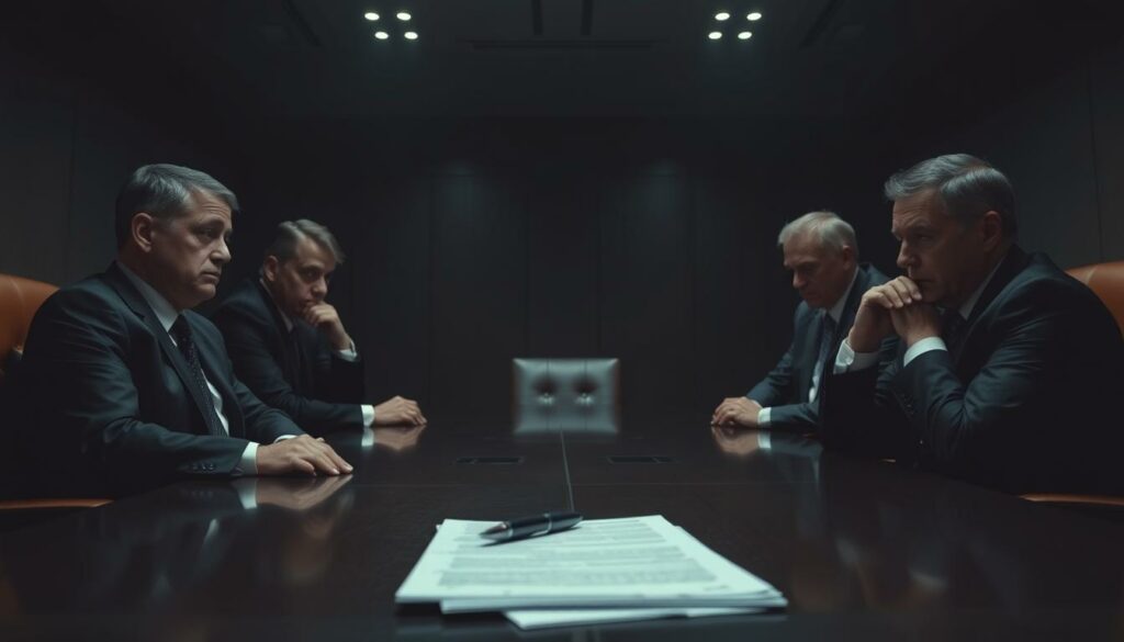 A dark, somber conference room with a large table and plush leather chairs. The lighting is dim, casting heavy shadows on the faces of the executives gathered around the table, each lost in thought. On the table, a stack of documents and a pen - the focus of their discussion, the "HSV Vertragsproblem" that looms over them. The atmosphere is tense, the mood weighted with the gravity of the financial implications and the difficult decisions that lie ahead. The camera angle is from slightly below, emphasizing the weight of the situation and the power dynamics at play. The overall scene conveys a sense of high-stakes negotiation and the heavy burden of a million-dollar problem facing the HSV.