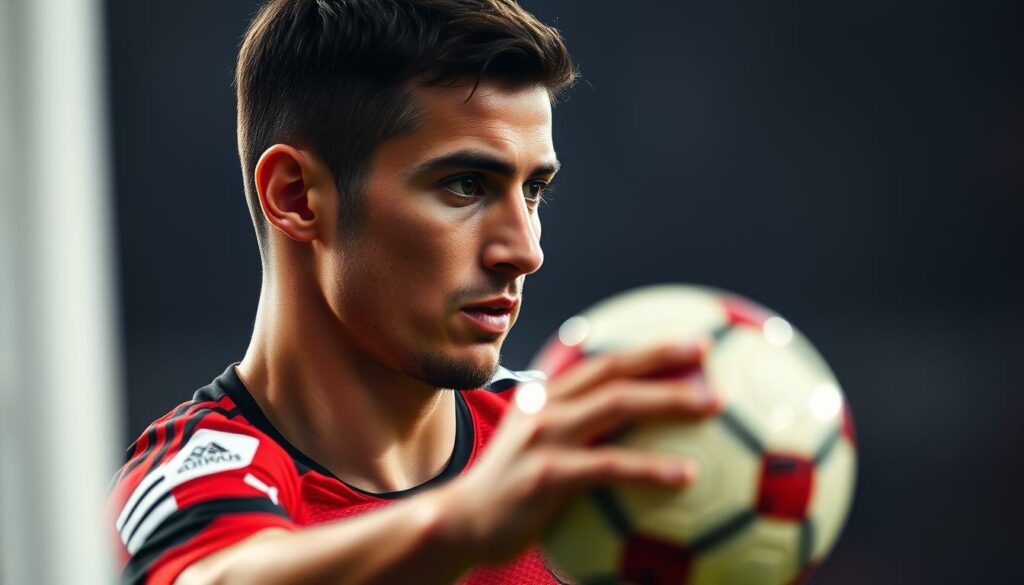 A detailed analysis of a Bundesliga striker's skills and playing style, captured in a high-quality photograph. A sharp, close-up portrait of the player in action, with a clear focus on their positioning, ball control, and decision-making. The image should convey a sense of intensity and concentration, with dramatic lighting and a shallow depth of field to emphasize the player's physicality and technical prowess. The background should be blurred, allowing the viewer to focus solely on the subject and their critical role in the game. The overall mood should be one of strategic evaluation and the pursuit of excellence in the world's premier football league.