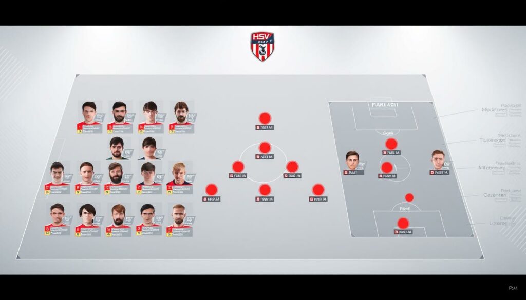 A detailed analysis of the HSV soccer team's roster, showcasing their current strengths and weaknesses. A meticulously designed infographic presented in a clean, data-driven style. The foreground features a grid of player headshots, each annotated with key statistics and evaluations. The middle ground highlights position-specific heatmaps, visualizing the team's depth and coverage across the field. The background incorporates subtle patterns and gradients, creating a professional, editorial aesthetic. Soft, even lighting captures the analysis in a contemplative, objective manner, emphasizing the strategic insights. The overall composition conveys a sense of thorough, data-backed assessment of the HSV squad.