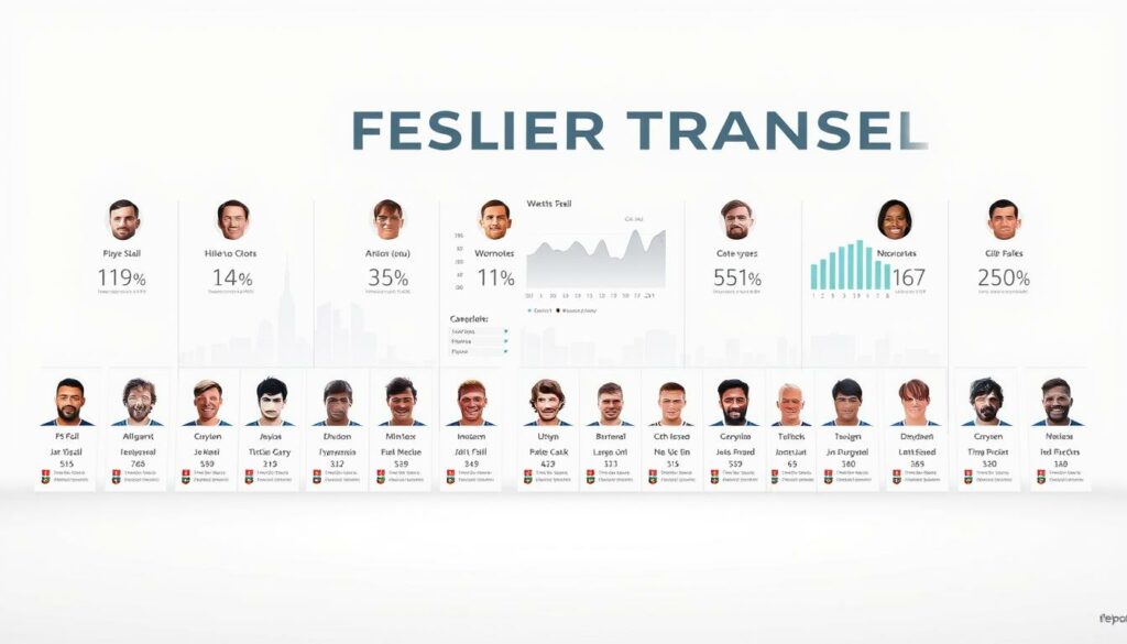 A detailed analysis of the latest soccer player transfers, showcased in a sleek and modern infographic. A clean, data-driven layout against a crisp white background, with bold typography and precise data visualizations. In the foreground, a series of player headshots and stats arranged in a grid-like pattern, conveying the key transfer details. In the middle ground, various charts and graphs that illustrate the transfer market trends, highlighted by a cool, muted color palette. The background features a subtle gradient or texture, adding depth and a sense of sophistication to the overall composition. The lighting is soft and evenly distributed, casting gentle shadows to accentuate the graphical elements. The camera angle is slightly elevated, giving the viewer an authoritative, bird's-eye perspective on the detailed transfer analysis.