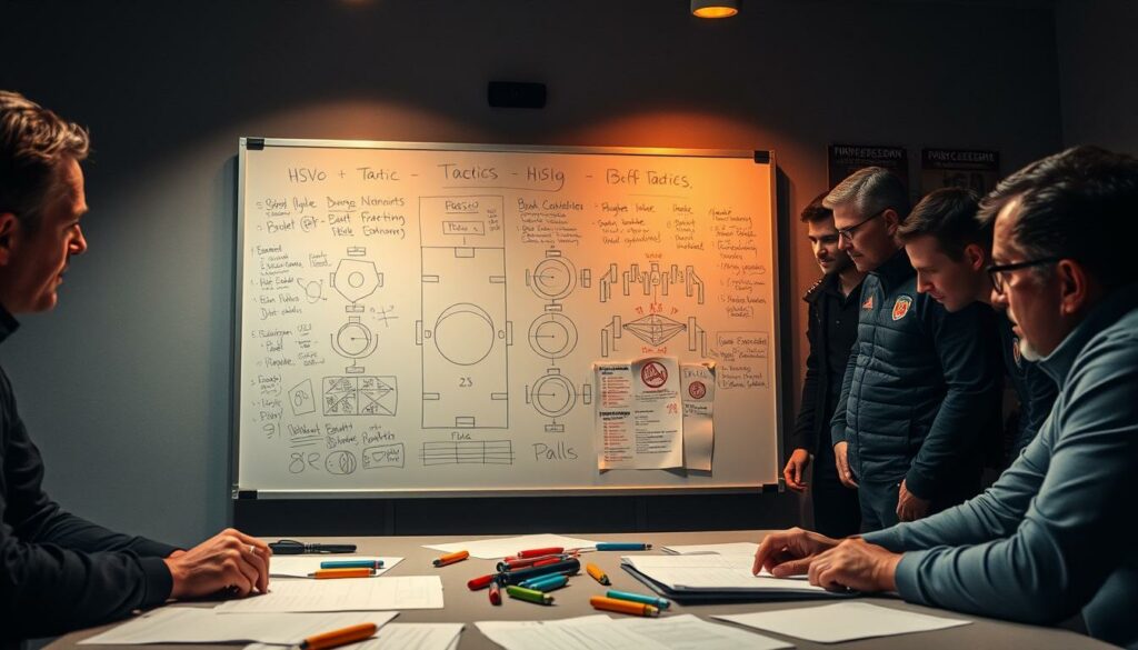 A detailed and strategic HSV team tactics planning session unfolds in a dimly lit, focused atmosphere. A large whiteboard dominates the center, covered in intricate diagrams, formations, and scribbled notes. Surrounding the board, the coaching staff leans in, studying the plans intently, their expressions a mix of concentration and anticipation. Tactical markers and colored pens lay scattered, hinting at the intensive analysis being conducted. Warm, directional lighting casts dramatic shadows, creating a sense of purpose and determination. The room's neutral tones and minimalist decor allow the strategic elements to take center stage, reflecting the HSV's meticulous approach to their first-round DFB-Pokal match.