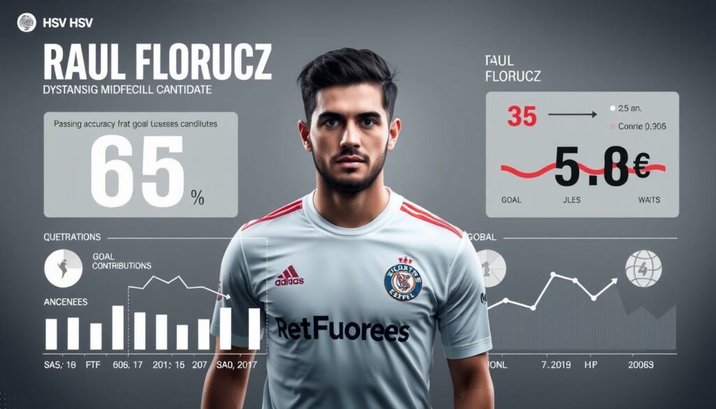 A detailed, data-driven visualization of Raul Florucz's key performance statistics as a potential HSV transfer candidate. The image showcases Florucz's dynamic midfield prowess, with sleek infographic elements highlighting his passing accuracy, goal contributions, and other relevant metrics. A clean, modern aesthetic with a neutral color palette conveys a sense of professionalism and analytical depth. Subtle lighting and a slightly elevated camera angle create depth and emphasize the subject's impressive data profile. The overall impression is one of a promising player whose statistics make him an intriguing prospect for the HSV club.