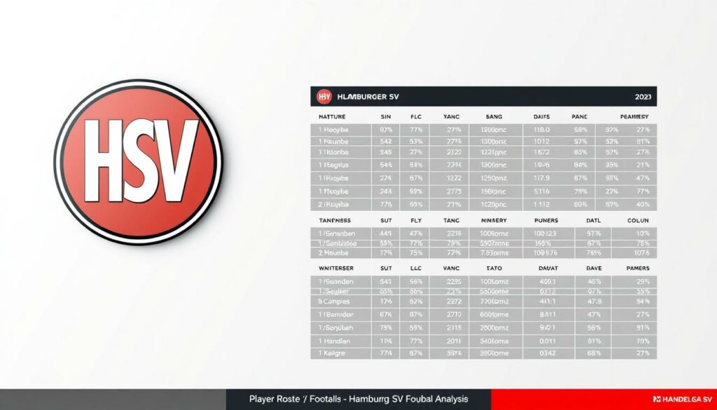 A detailed data visualization depicting the Bundesliga player roster analysis for the Hamburger SV football club. The foreground showcases a sophisticated HSV logo, rendered in a clean, minimalist style with a vibrant color palette. The middle ground features a comprehensive data grid highlighting key player statistics, arranged in a grid-like layout. The background has a subtle textured pattern, complementing the overall sleek and professional aesthetic. The lighting is soft and even, creating a sense of clarity and focus on the data presentation. The camera angle is slightly elevated, giving a birds-eye view to convey a sense of authority and expertise in the analysis.