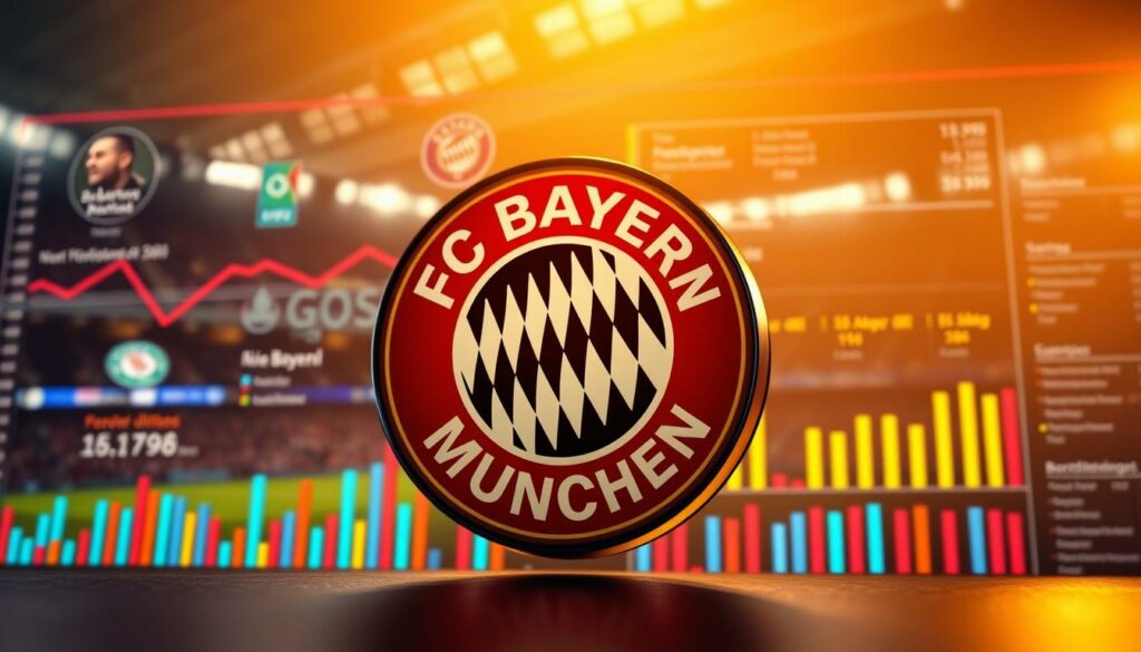 A detailed financial analysis of Bayern München, capturing its current sporting and financial standing. The image depicts the club's iconic crest in the foreground, surrounded by colorful financial charts, graphs, and data visualizations that convey the team's financial health and performance. The background features a blurred stadium scene, hinting at the broader sporting context. The lighting is warm and subdued, creating a professional and analytical atmosphere. The composition is balanced, with the financial information taking center stage, while the sporting elements provide context. The overall mood is one of careful examination and strategic planning, reflecting the section title "FC Bayern: Aktuelle sportliche und finanzielle Lage".