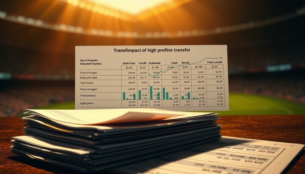 A detailed financial chart depicting the fiscal impact of a high-profile sports transfer, illuminated by warm, directional lighting that casts dramatic shadows. In the foreground, a stack of financial documents and ledgers, their contents obscured by the viewer's perspective. In the middle ground, a stylized data visualization that illustrates the transfer's revenue, expenses, and overall impact on the club's balance sheet. The background features a blurred, out-of-focus stadium, hinting at the broader sporting context. The overall mood is one of serious contemplation, with a sense of gravity and significance surrounding the financial implications of the transfer.